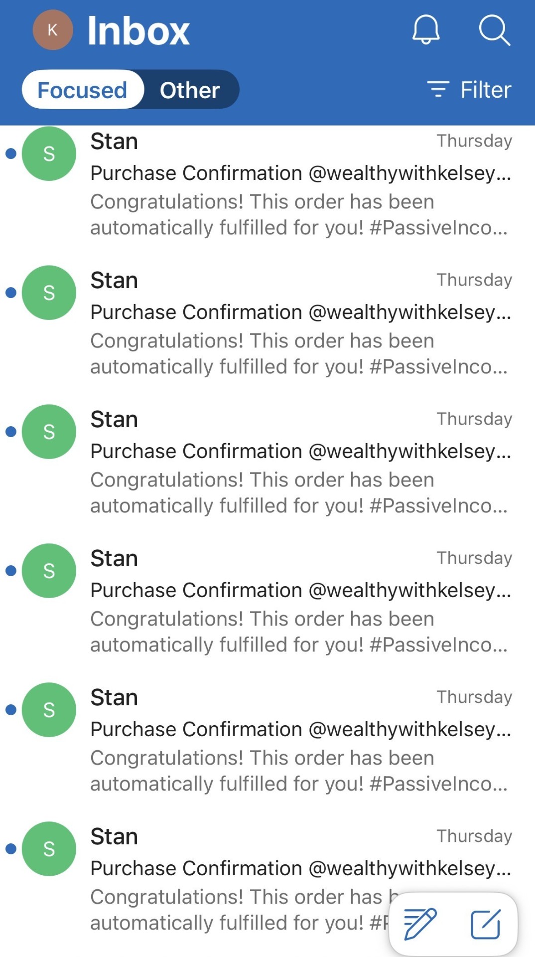 Inbox of Stan purchase confirmation emails